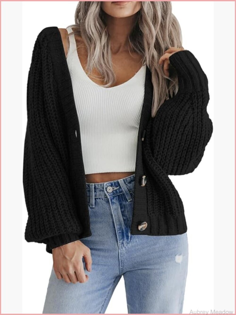Chunky Knit Open Front Cardigan Sweater with V-Neck and Buttons